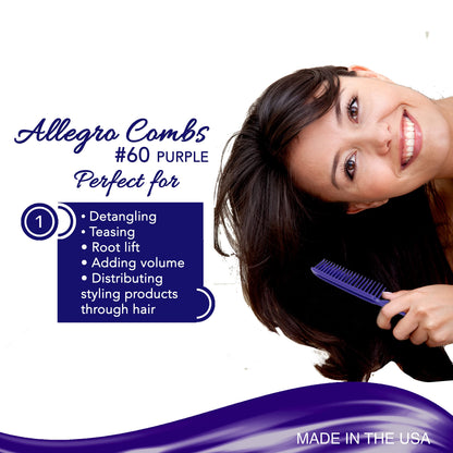Allegro Combs 60 Parting Three Row Combs Salon Hairstylist Hairdresser Detangle Combs For Natural Hair And Wigs For Curly Hair Made In The Usa 2 Pcs. (Purple)