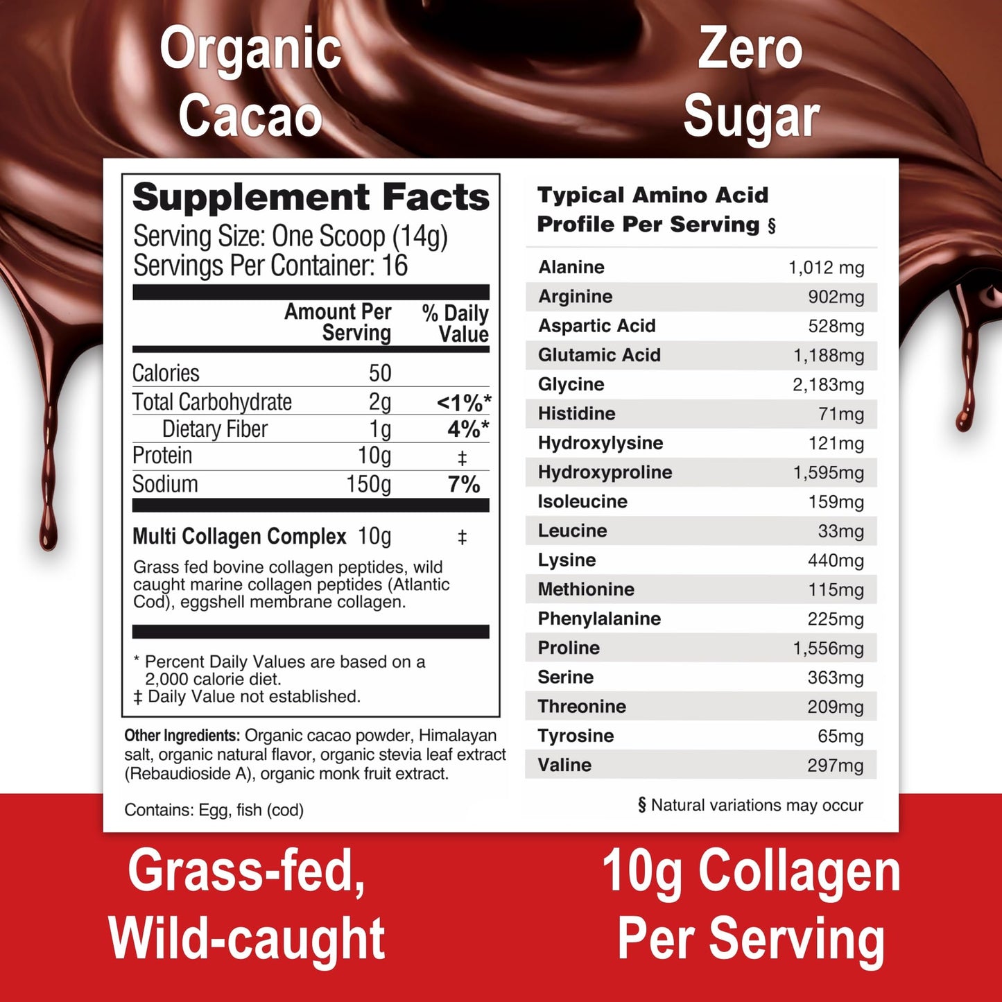 Mama Natural Hot Chocolate Multi Collagen Protein Powder, Made with Organic Cacao, Types 1, 2, 3, 4, 5, 10 Collagen Peptides Powder - Grass Fed Beef, Wild Fish Marine & USA Eggshell - 16 Servings