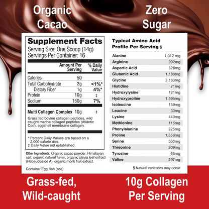 Mama Natural Hot Chocolate Multi Collagen Protein Powder, Made with Organic Cacao, Types 1, 2, 3, 4, 5, 10 Collagen Peptides Powder - Grass Fed Beef, Wild Fish Marine & USA Eggshell - 16 Servings