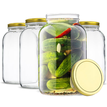 kitchentoolz 1 Gallon Glass Large Mason Jar Wide Mouth with Metal Airtight Lids (4 Pack) - Fermentation Kombucha Kefir Kimchi - Storing Canning Pickling Containers -Gold Lids