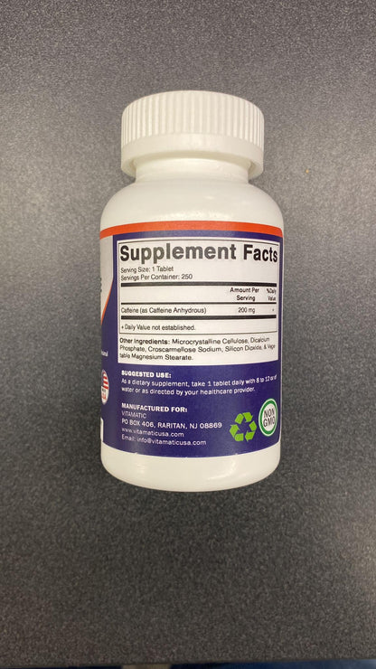 Vitamatic Caffeine Pills 200mg per Serving, 250 Vegetarian Tablets