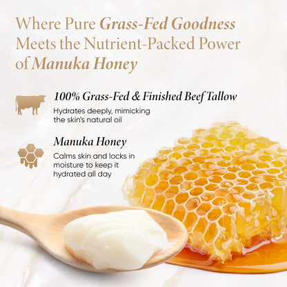 Honeyskin Whipped Tallow and Honey Balm – 100% Grass-Fed All Natural Mountain Beef Tallow for Skin Face Moisturizer – Nourishing, Hydrating Balm for Dry, Sensitive Skin – Gentle Soothing Care, 2oz