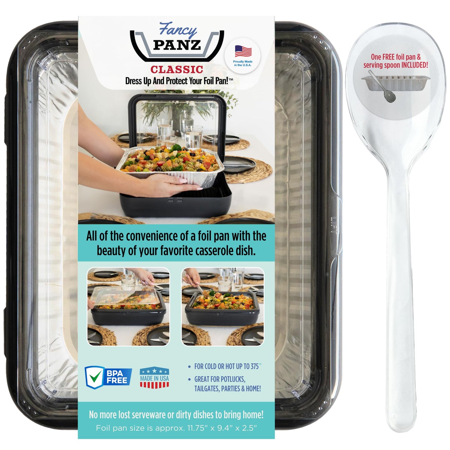 Fancy Panz Classic, Food Serving Tray, Made in the USA Foil Pan Carrier, Stackable Aluminum Pan Holders with Clear Lid, Travel Casserole Carrier With 1 Disposable Foil Pan & Serving Spoon, Charcoal