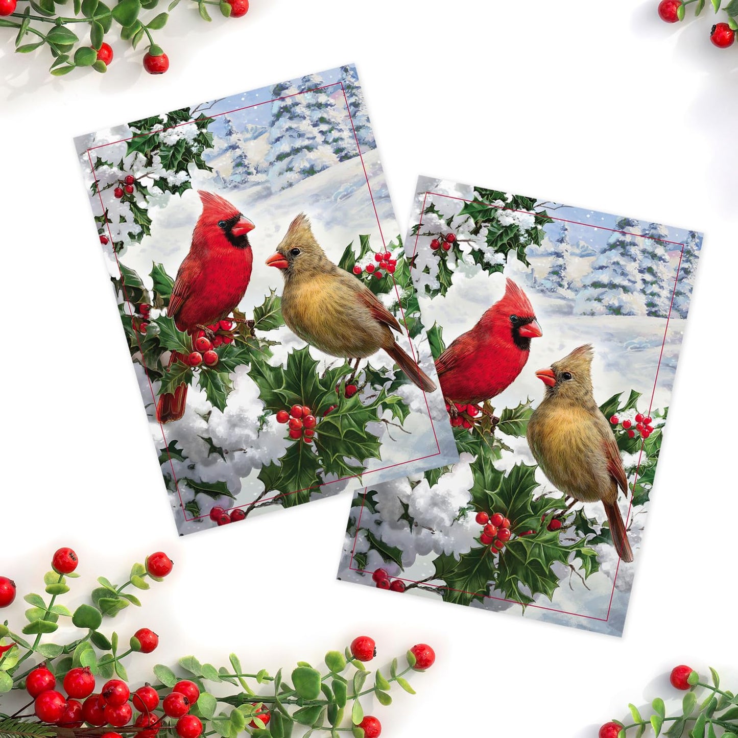 Masterpiece Cardinal Couple Christmas Cards / 16 Festive Holiday Cards With Coordinating White Envelopes Set / 5 5/8" x 7 7/8" Winter Cardinals Greeting Cards With Inside Verse/Made In The USA