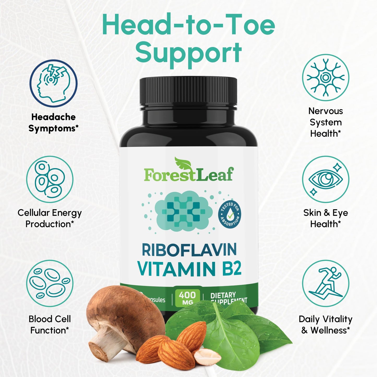 ForestLeaf Vitamin B2 Riboflavin 400mg - Energy, Skin & Cellular Health Supplement - Nervous System Support - Vitamin B 2 VIT B - Non-GMO & Gluten Free - B2 Vitamin 400mg Vegetable Capsules, 90 Count