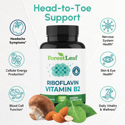 ForestLeaf Vitamin B2 Riboflavin 400mg - Energy, Skin & Cellular Health Supplement - Nervous System Support - Vitamin B 2 VIT B - Non-GMO & Gluten Free - B2 Vitamin 400mg Vegetable Capsules, 90 Count