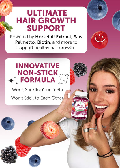Lunakai USA Made Super Hair Gummies with Biotin, Zinc, Horsetail Extract & Saw Palmetto - Hair Growth Vitamins for Women & Men – Supports Thicker, Longer, Stronger Tresses, Skin & Nails, 60ct