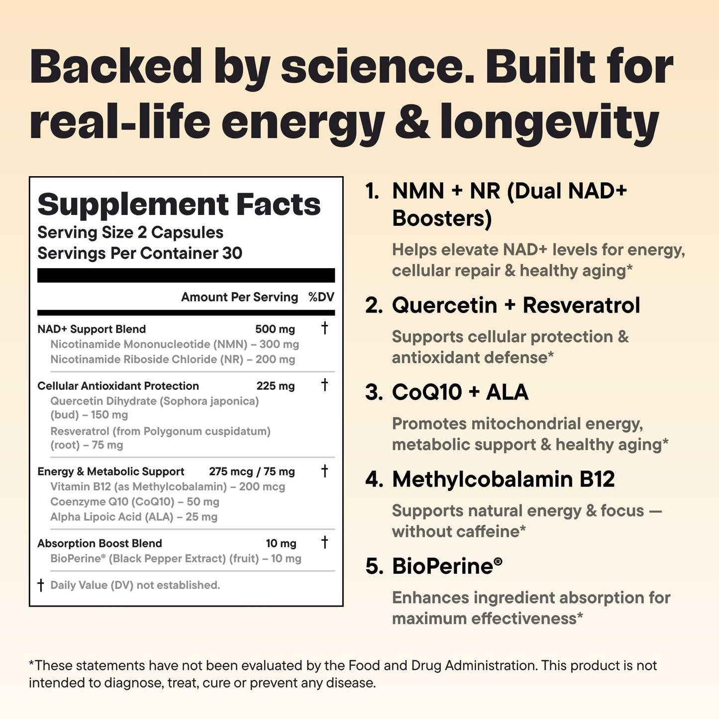 VitalForm NAD+ Booster – NMN + NR Complex for Energy, Healthy Aging, Brain & Mitochondrial Support – with Resveratrol, CoQ10, Quercetin, B12 & BioPerine – 60 Vegan Capsules