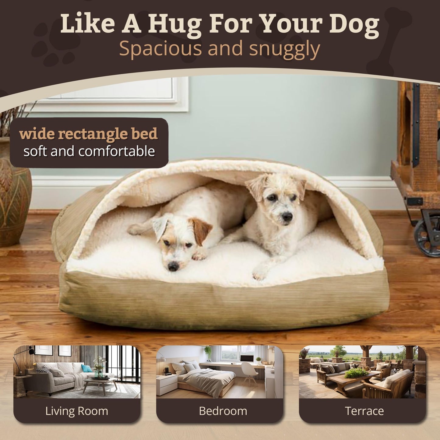 Snoozer Rectangle Cozy Cave Dog Bed - Indoor Dog Bed with Cover Cave, Covered Calming Burrow for Small Sized Pets with Blanket Attached, Enclosed, Washable - Small, Khaki