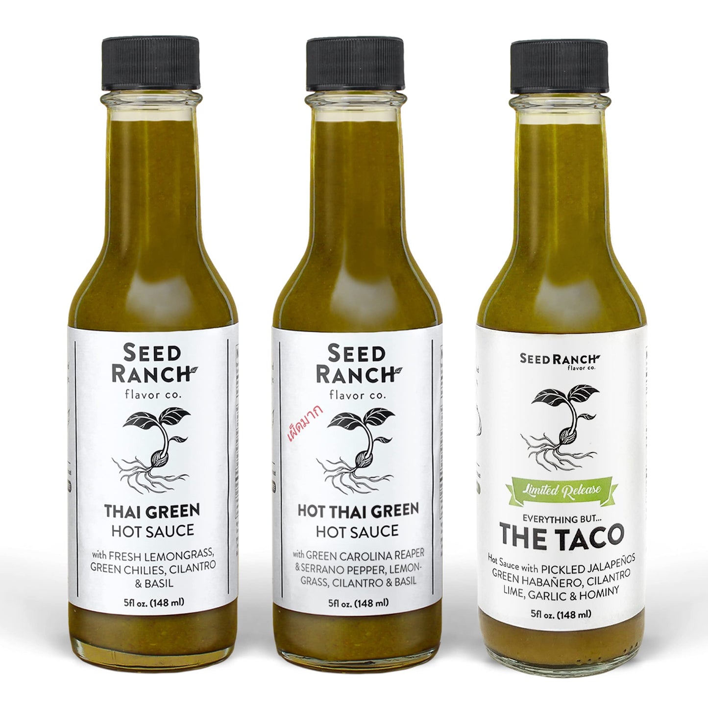 Seed Ranch Green Sauce Variety Bundle, 3 Pack - Thai Green, Hot Thai Green, Everything But The Taco - Ranging from Mild to Hot Heat, Organic Gourmet Hot Sauces, Vegan, Non-GMO, Gluten-Free