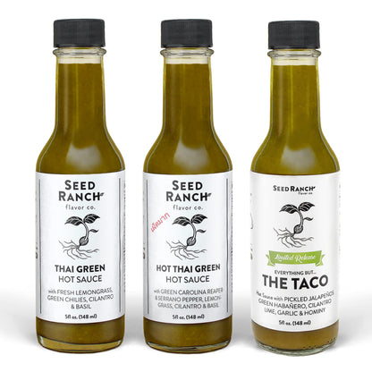 Seed Ranch Green Sauce Variety Bundle, 3 Pack - Thai Green, Hot Thai Green, Everything But The Taco - Ranging from Mild to Hot Heat, Organic Gourmet Hot Sauces, Vegan, Non-GMO, Gluten-Free