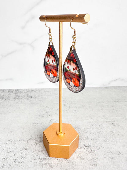 Fall Earrings for Women Autumn Lightweight Teardrop Pumpkin Thanksgiving Jewelry Dangle Fun Colorful Statement Handmade The Painted Pug (Fall Scene)