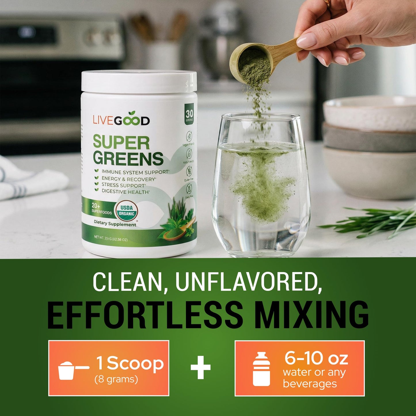 LIVEGOOD Daily Greens Powder Organic Blend for Digestion & Focus – Super Greens Supplement Powder for Immune Support – 30 Servings