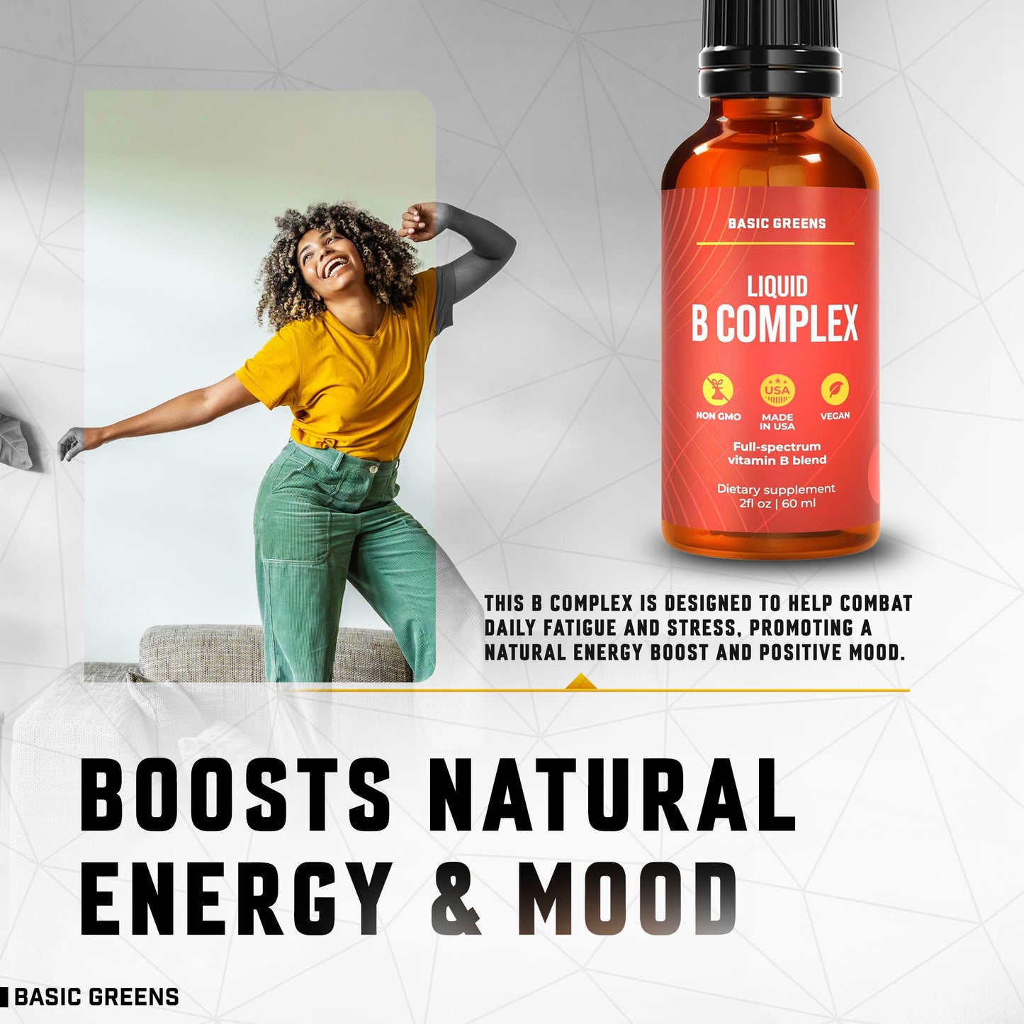 BASIC GREENS Vitamin B Complex Liquid Drops - Strength Sublingual Formula, Maximizes Absorption & Boosts Energy - B1, B2, B3, B5, B6, B7, B9, B12 - Natural Vegan Supplement for Immunity (B Complex)