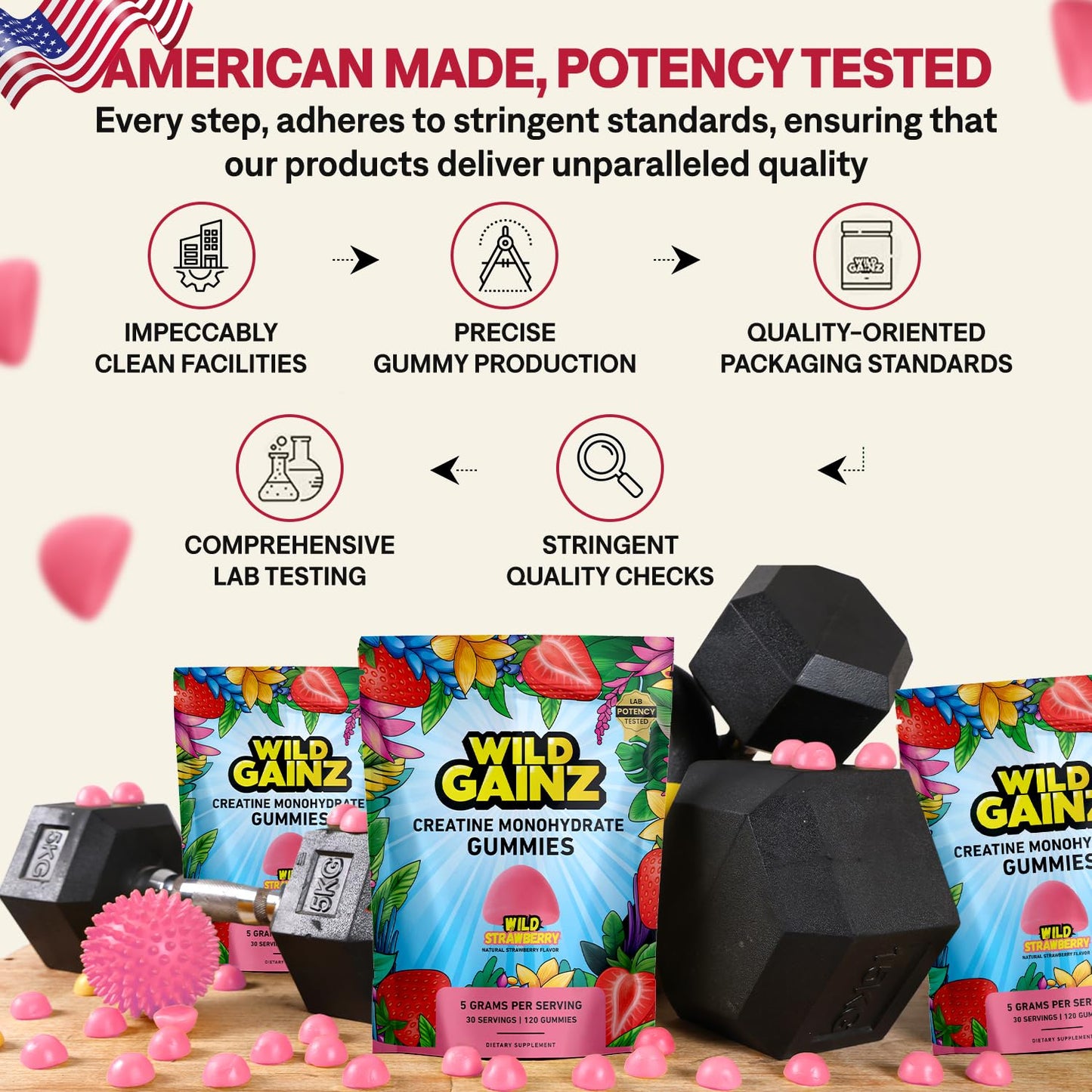 WILD GAINZ Creatine Monohydrate Gummies for Men & Women 5000mg - Sugar-Free Strawberry Flavor, Vegan, Non-GMO, Gluten-Free. Supports Muscle Growth, Strength & Focus. Made in USA - 120 Chews