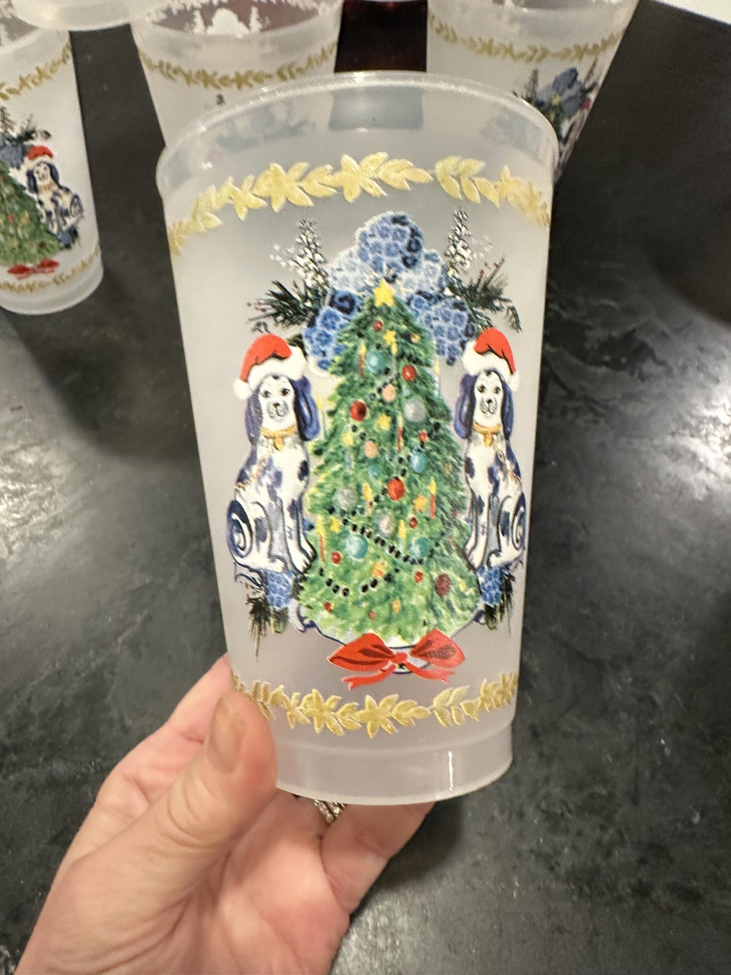 Marye-Kelley Staffordshire Dogs with Santa Hats and Christmas Tree Shatterproof 20 Oz Frosted Cups - Set of 6 Cups - BPA Free - Made in the USA Dishwasher Safe