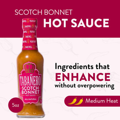 Tabañero Scotch Bonnet Pepper Hot Sauce, 5 oz Bottle, All-Natural Gourmet Heat, Perfect for Tacos, Wings, Eggs, Gluten-Free, Vegan, Kosher, USA Made,