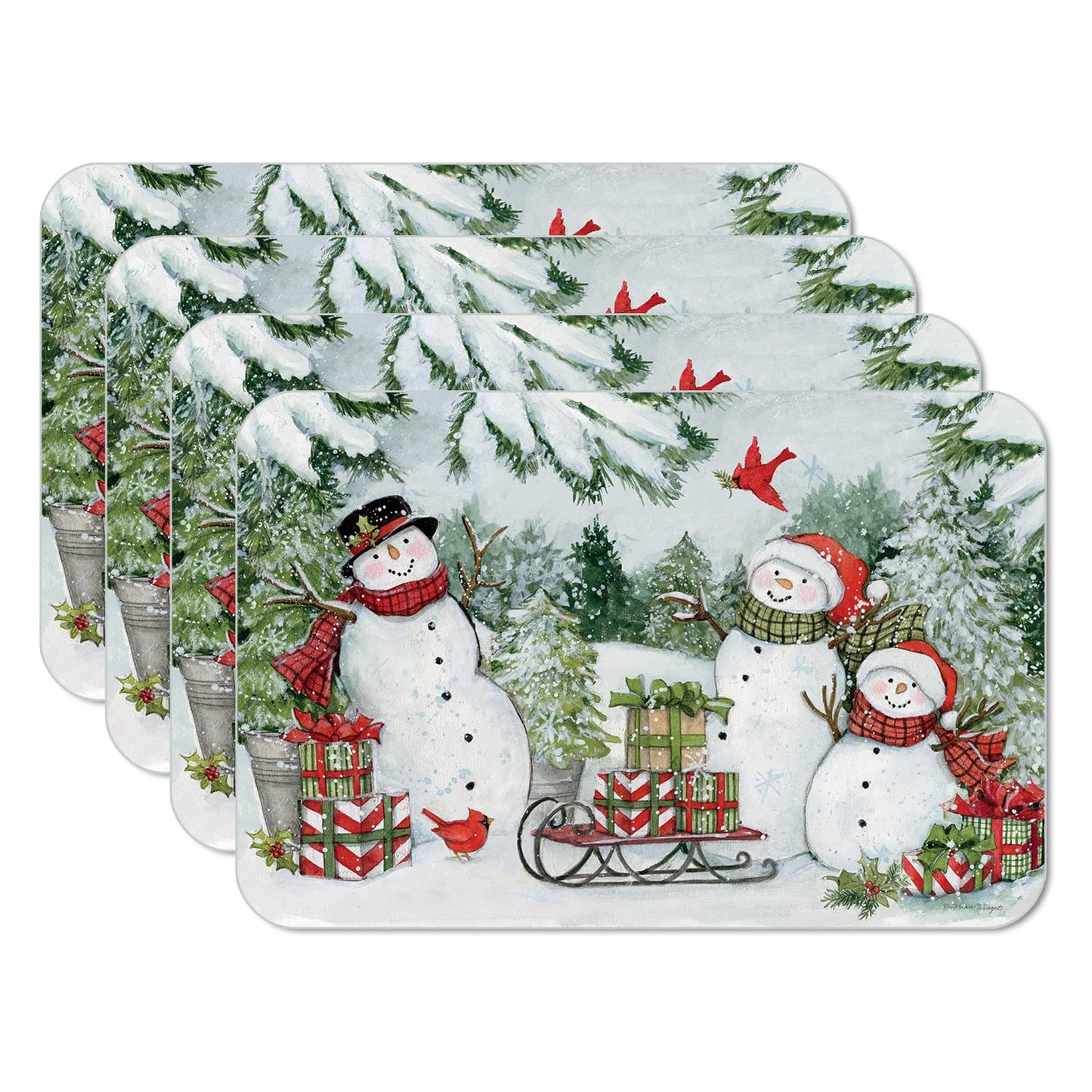 CounterArt Snowman's Farmhouse 4 Pack Reversible Easy Care Placemats Made in The USA BPA PVC Free Flexible Plastic Easily Wipes Clean