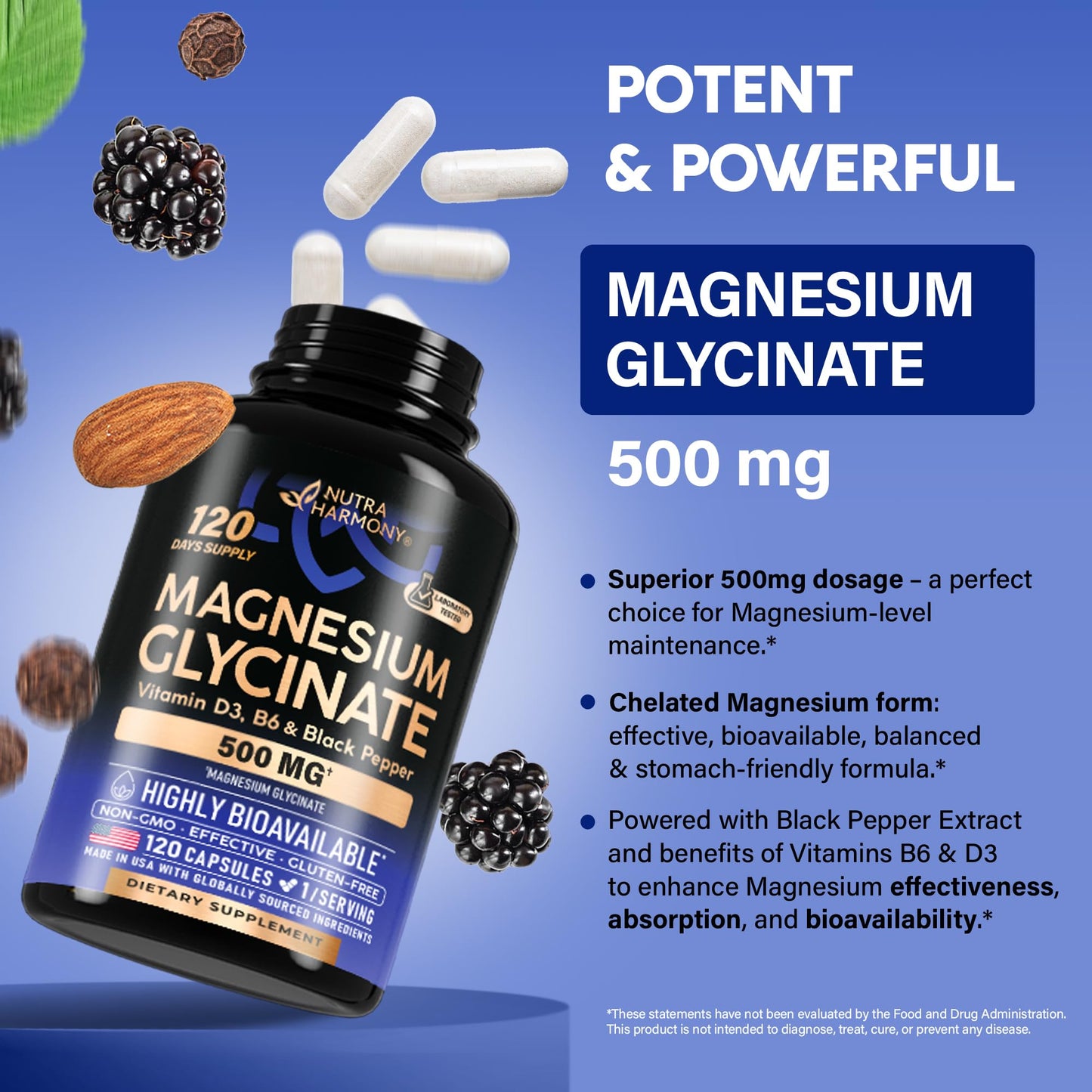 Magnesium Glycinate 500 mg - Chelated Supplement - 98% High Absorption - Sleep, Muscle & Heart Health Support - Made in USA - Lab Tested & Non-GMO - 120 Capsules