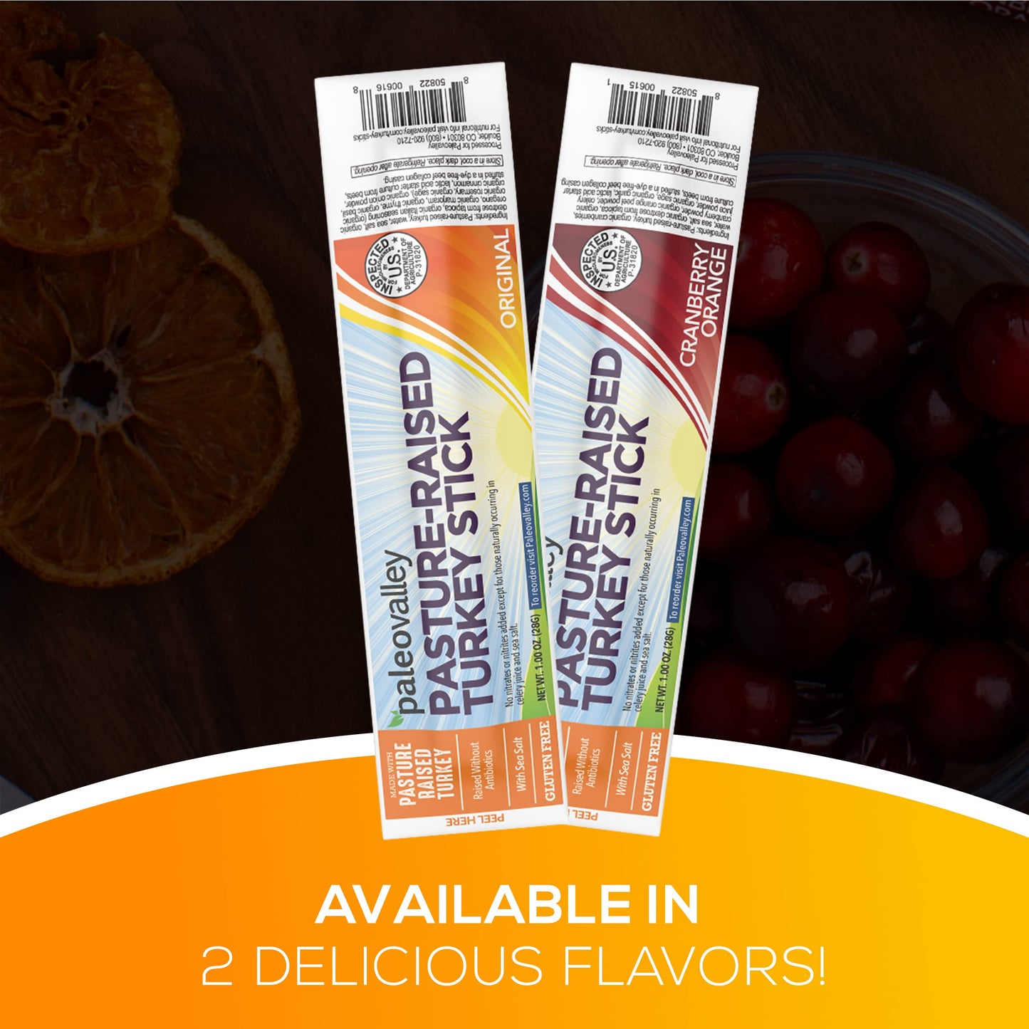 Paleovalley Turkey Sticks - Delicious Paleo Keto Snacks With Probiotics, 6g Protein - 10 Jerky Sticks - Cranberry Orange - No Gluten, Soy, or GMOs - Shelf Stable - Pasture-Raised, Made in the USA