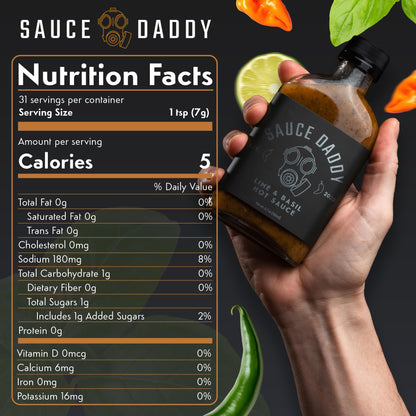 Sauce Daddy | Lime & Basil Hot Sauce | Gluten Free Sauces with no Allergens | All Natural Ingredients Containing Garlic, Vinegar, Lime Juice makes an Organic Hot Sauce Made in the USA. (6.7 Fl Oz)