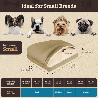 Snoozer Rectangle Cozy Cave Dog Bed - Indoor Dog Bed with Cover Cave, Covered Calming Burrow for Small Sized Pets with Blanket Attached, Enclosed, Washable - Small, Khaki