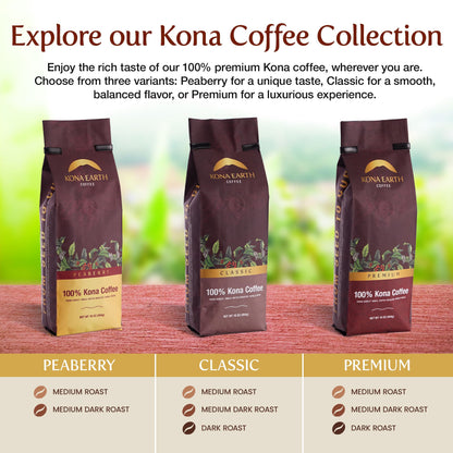 KONA EARTH - Premium, 100% Kona Coffee, Dark Roast, Farm-Fresh Whole Coffee Beans, Micro-Batch-Roasted, 1 lb., Pack of 1