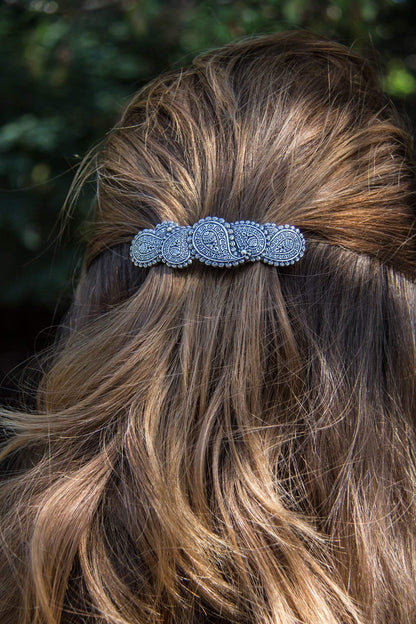 Paisley Hair Clip, Hand Cast Metal Barrette Made in the USA with a Medium 70mm Clip by Oberon Design, 1 Piece