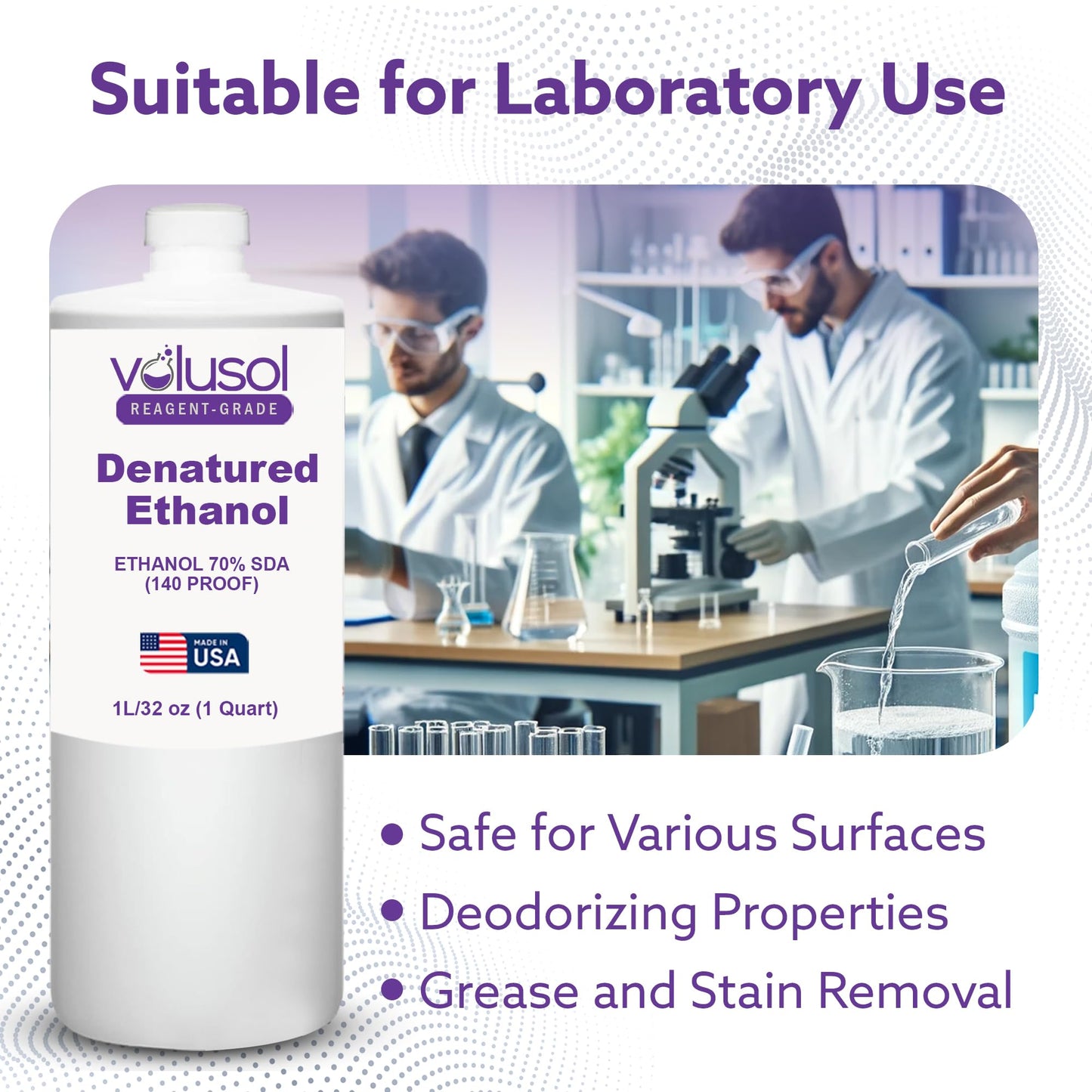 Volu-Sol Reagent-Grade 70% Denatured Ethanol (140 Proof) - Designed for Research & Industrial Applications, Non-Consumable - Preferred by Healthcare & Veterinary Professionals - 1000 mL / 32 oz