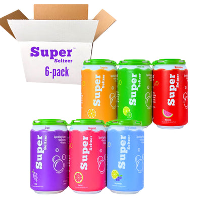Super Seltzer Sparkling Water with Electrolytes and Vitamins, Original 6-Flavor Variety Pack, Naturally Flavored, 12 Fl Oz, Pack of 6 cans