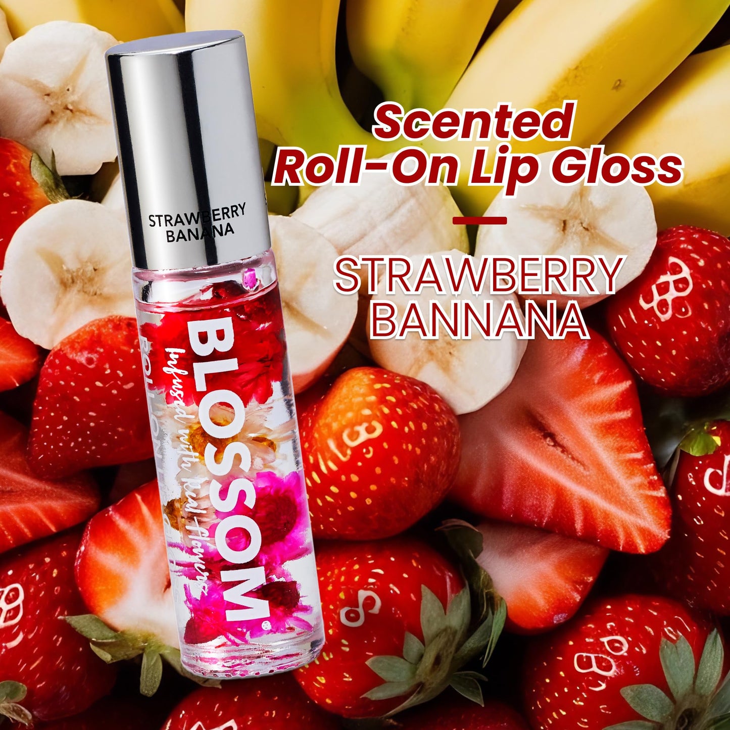 Blossom Roll on Lip Gloss, Scented Clear High Shine Moisturizing Lip Oil, Non Sticky, Infused with Real Flowers, Made in USA, 0.2oz, Strawberry/Banana