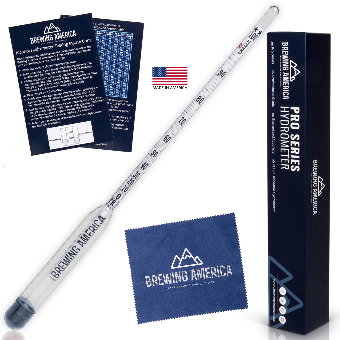 USA-Made Alcohol Hydrometer Tester 0-200 Proof & Tralle Pro Series Traceable - Distilling Moonshine Alcoholmeter for Proofing Distilled Spirits