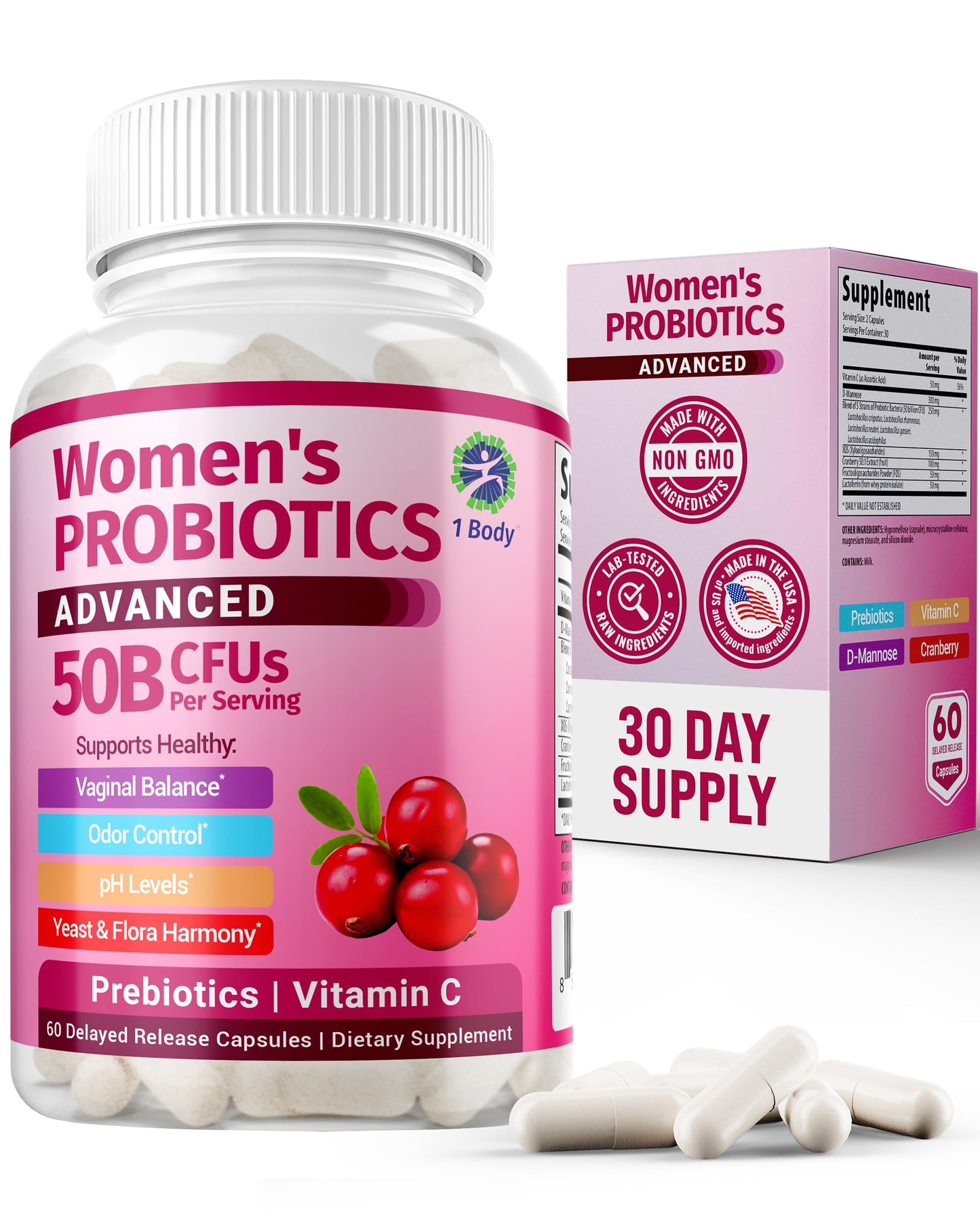 1 Body Cranberry Probiotics for Women, 50 Billion CFU, Cranberry Pills with Prebiotics, D-Mannose & Vitamin C, Vaginal Probiotics for Microbiome Balance, Digestive & Immune Support, 60 Vaginal Pills