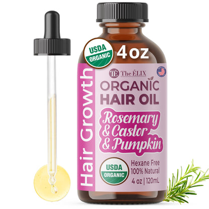 The ÉLIX USDA Organic Rosemary Oil for Hair Growth | Thickening Formula with Castor & Pumpkin Seed | for Hair Loss & Thinning | Made in USA | 4oz