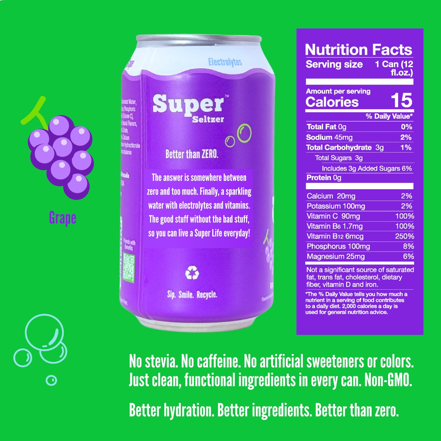 Super Seltzer Sparkling Water with Electrolytes and Vitamins, Grape Naturally Flavored, 12 Fl Oz, Pack of 12 cans