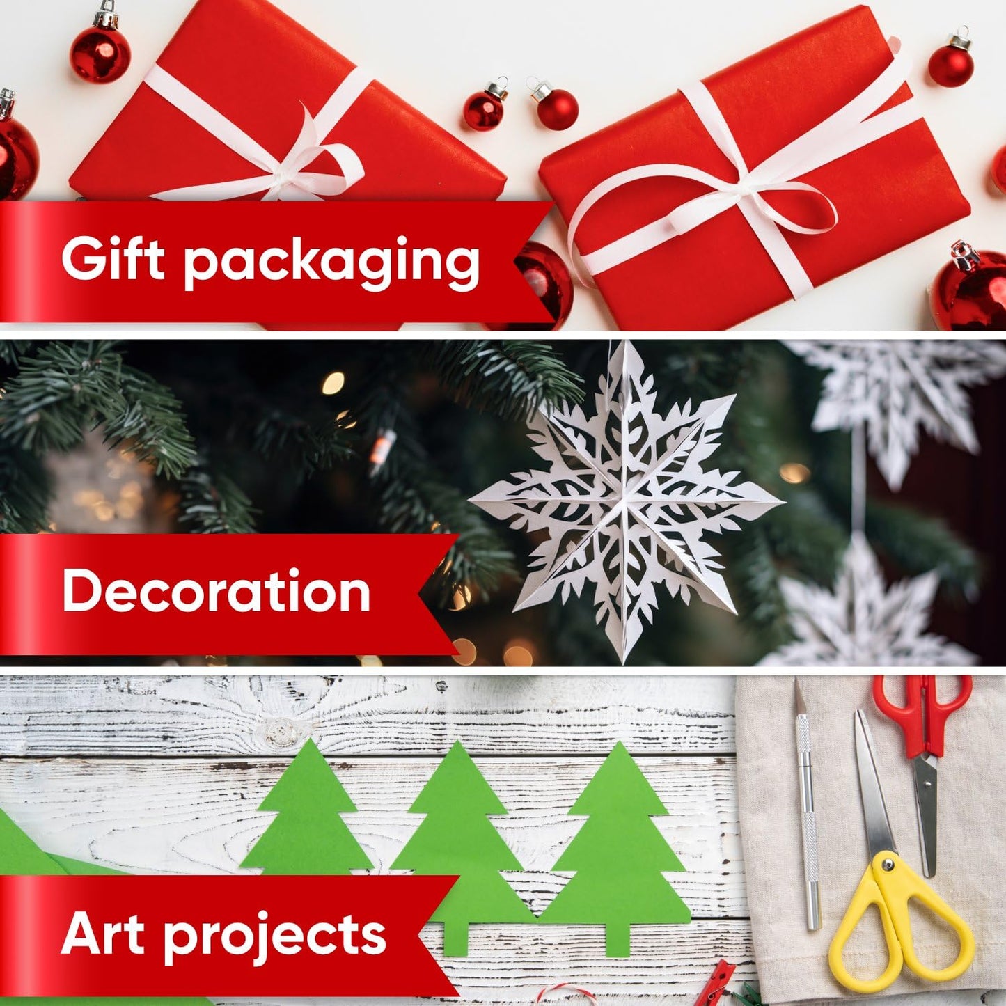 Paclord 12" x 1200" (100 ft) Red, Green, White Christmas Kraft Paper Set, 3 Rolls, 45 lbs - Made in USA Christmas Art Colored Paper, Gift Wrapping