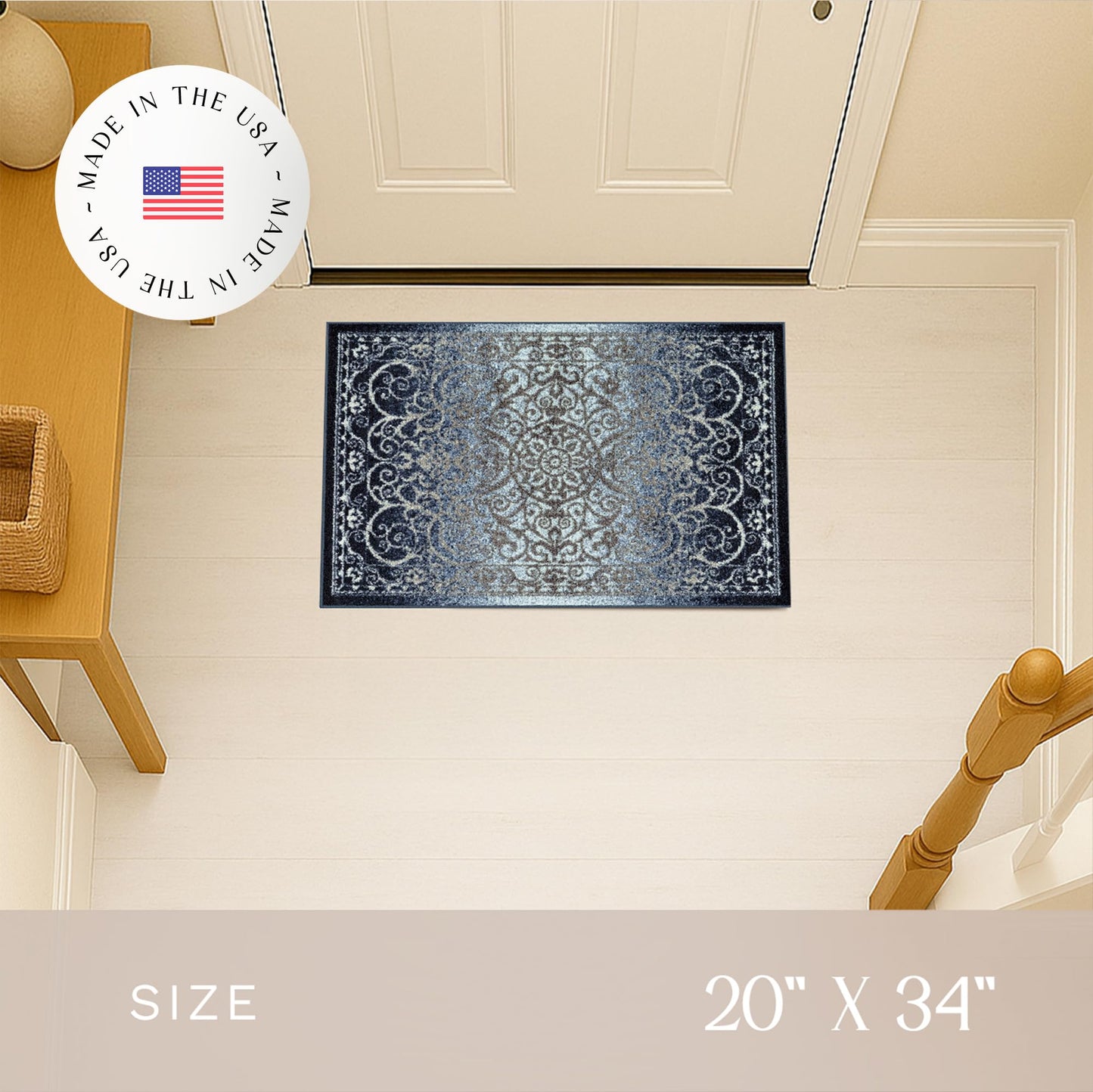 Maples Rugs Pelham Vintage Kitchen Rugs Non Skid Washable Accent Area Carpet [Made in USA], 1'8 x 2'10, Navy/Grey