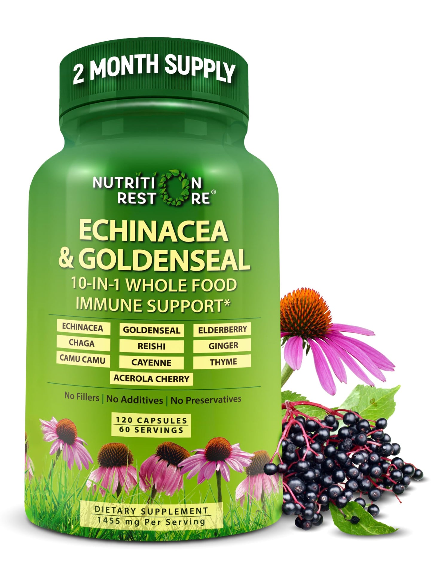 Echinacea Goldenseal Capsules - 10 in 1 Immune Support Supplement - 1455mg - Vegan Echinacea Capsules Supplement Made With Organic Whole Foods - Herbal Immune System Support - 2 Month Supply