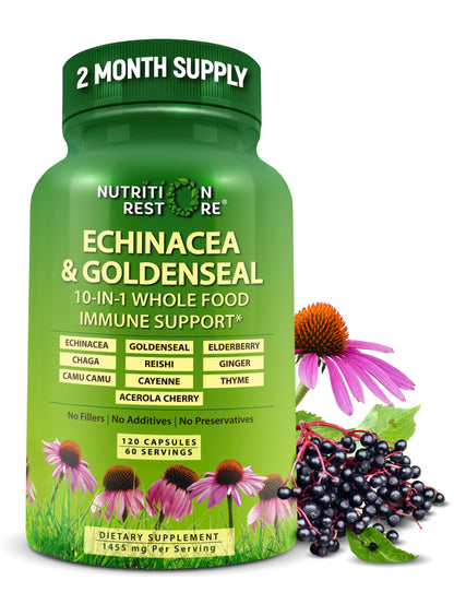 Echinacea Goldenseal Capsules - 10 in 1 Immune Support Supplement - 1455mg - Vegan Echinacea Capsules Supplement Made With Organic Whole Foods - Herbal Immune System Support - 2 Month Supply