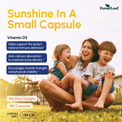 ForestLeaf Vitamin D3 5000 IU | VIT D - VIT D3 Vitamin D Supplements for Women and Men | Bone Health, Teeth and Immune Support | Easy to Swallow Pills | One Capsule Daily, 6-Month Supply, 180 Count