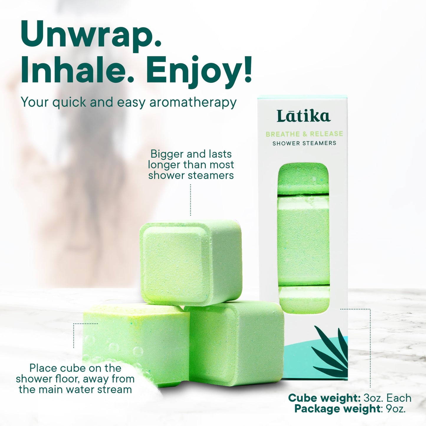 Latika Breathe & Release Aromatherapy Shower Steamer - Eucalyptus and Peppermint Essential Oils for Stress Relief, Relaxation and Anxiety Support Long-Lasting, Natural, Vegan Shower Must-Haves