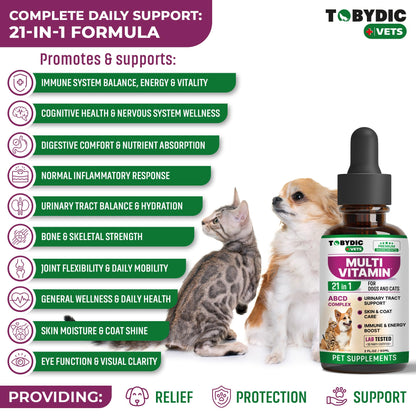 TOBYDIC Cat & Dog Multivitamin 21 in 1 Pet Supplements with Cranberry & Glucosamine - Natural Medicine & Support for UTI, Urinary Tract, Bladder, Kidney, Skin Coat, Joints Treatment Made in USA