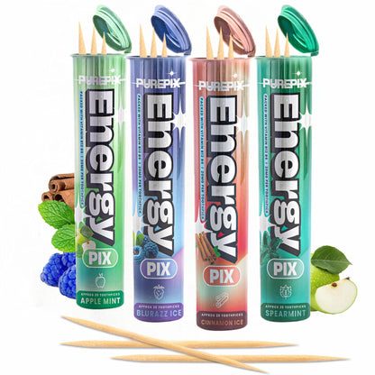 PurePix EnergyPix - Extra Thick Caffeine Flavored Toothpicks with L-Theanine, B12 & B6 for Focus & Energy - Sugar-Free Alternative to Energy Mints & Gum - 20 Count, (4 Flavors Variety Pack)