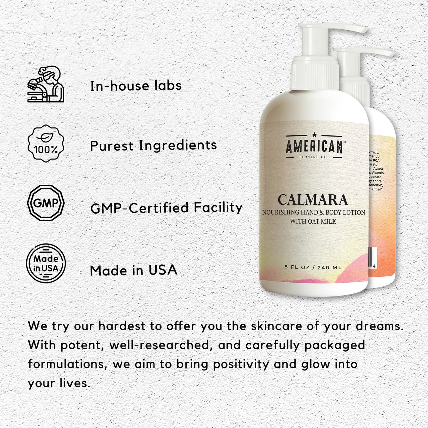American Shaving Co. Calmara Nourishing Hand & Body Lotion With Oat Milk, 8 Oz, Made in USA, Gentle Formula, Quality Potent Ingredients, Non-GMO, GMP Certified, Cruelty-Free Products