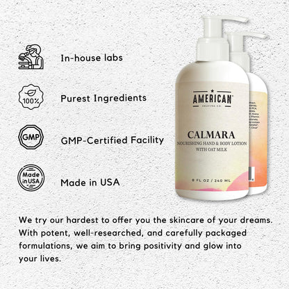 American Shaving Co. Calmara Nourishing Hand & Body Lotion With Oat Milk, 8 Oz, Made in USA, Gentle Formula, Quality Potent Ingredients, Non-GMO, GMP Certified, Cruelty-Free Products