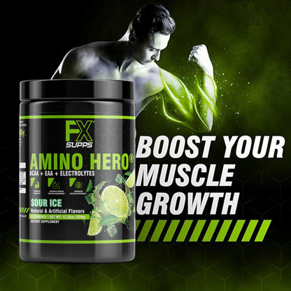FXSUPPS Amino Hero Sour Ice Flavor (25 Servings) | Post-Workout Recovery Drink for Men and Women | Energy Powder Mix with BCAA, EAA, and Electrolytes | Promotes Endurance and Healthy Muscles - 1 Pack