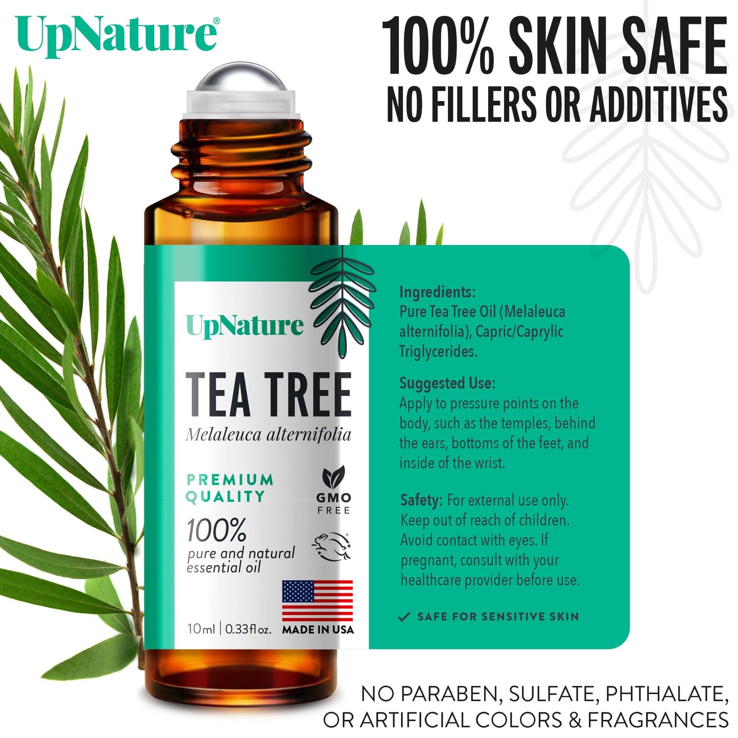 UpNature Tea Tree Essential Oil Roll On - 100% Natural Tea Tree Oil for Skin