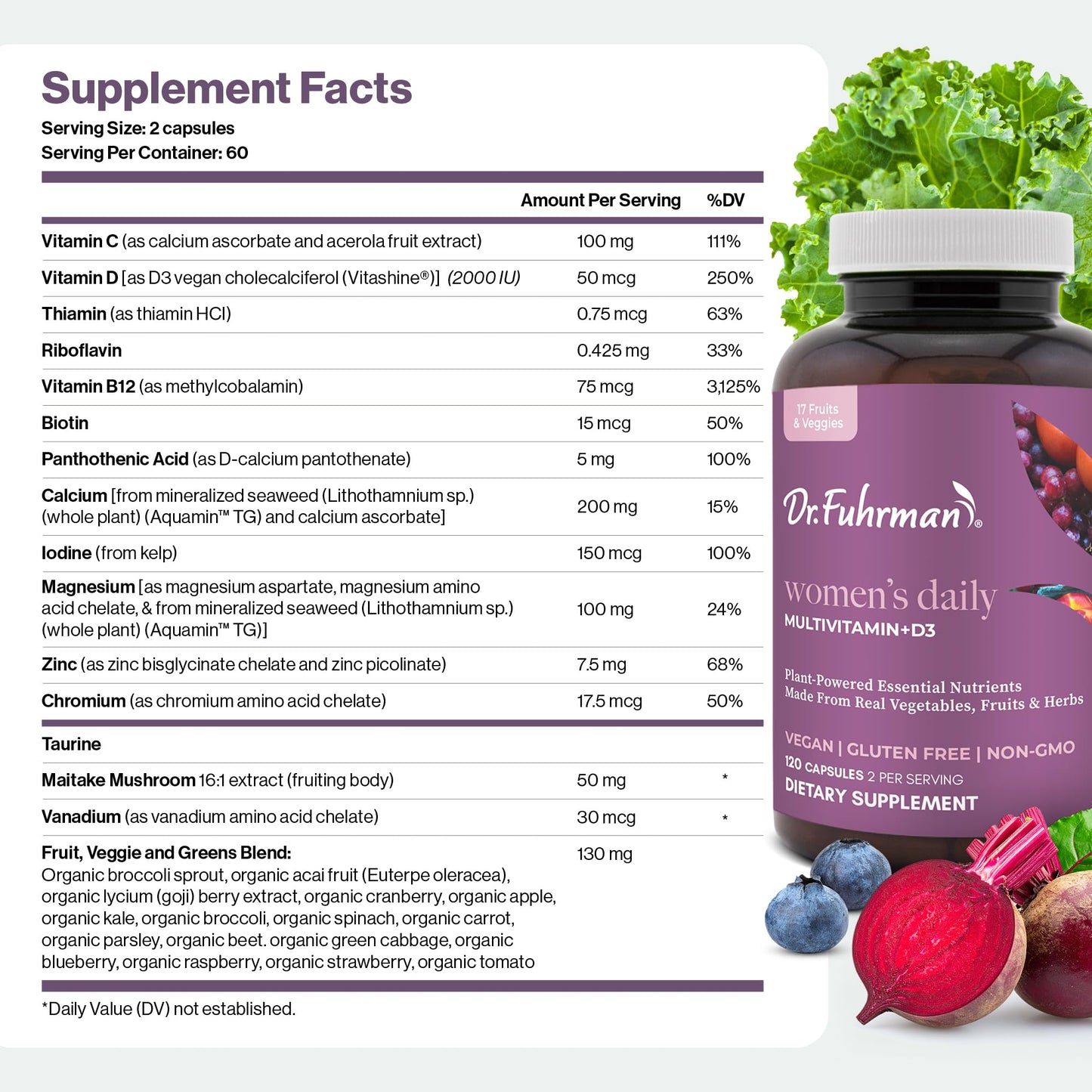 Dr. Fuhrman 2 Month Supply Multivitamin for Women + D3 Vitamin for Immune Support | Vegan Formula Womens Multivitamin with B12 & Zinc | Whole Food multivitamin with 17 Fruits & Veggies | Non GMO