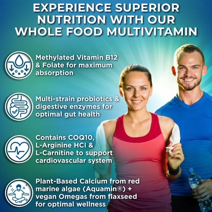 Vegan Whole Food Daily Multivitamin Without Iron, Methylated Multivitamin for Women and Men, Made with Fruits & Vegetables, B-Complex, Probiotics, Enzymes, CoQ10, Omegas, Turmeric, Non-GMO, 90 Count