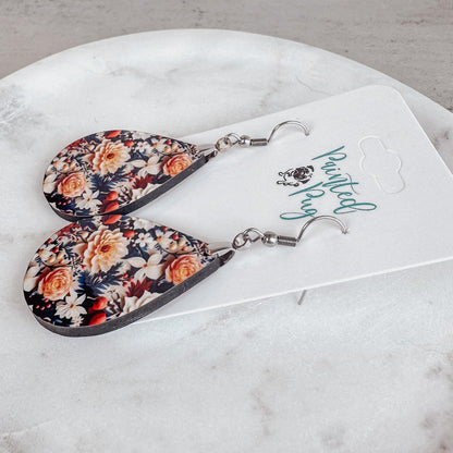 Fall Earrings for Women Autumn Lightweight Teardrop Dangle Fun Colorful Statement Jewelry Handmade by the Painted Pug (Fall Floral Dahlia)